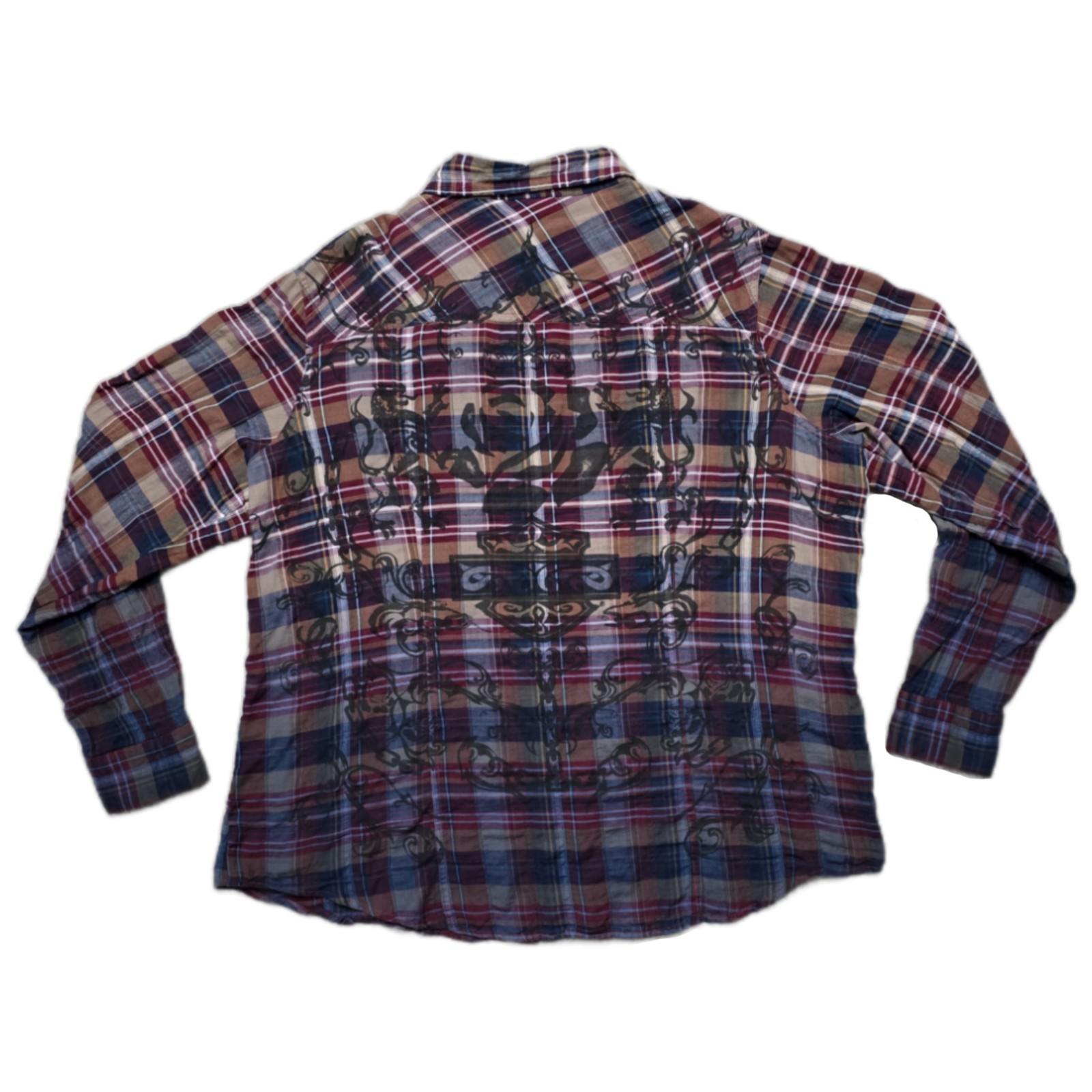Y2K Harley Davidson Plaid Button Up Shirt Long Sleeve Womens 2W Zip Pocket Crest