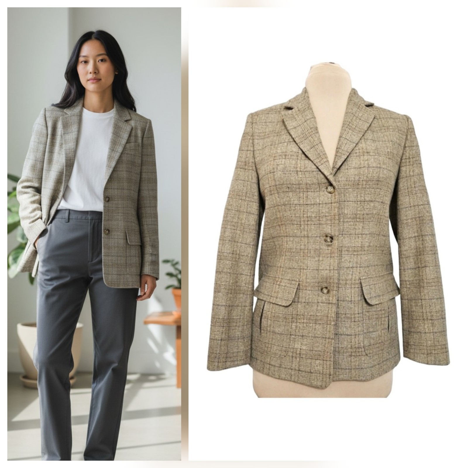 VTG Talbots Blazer 100% Italian Wool Tweed Earthy Neutrals Plaid Sz 16 Preppy