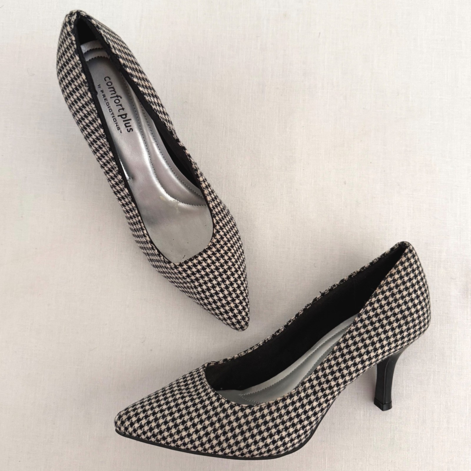Comfort Plus Heels Size 8W Black White Houndstooth Pointed Toe Pumps Retro