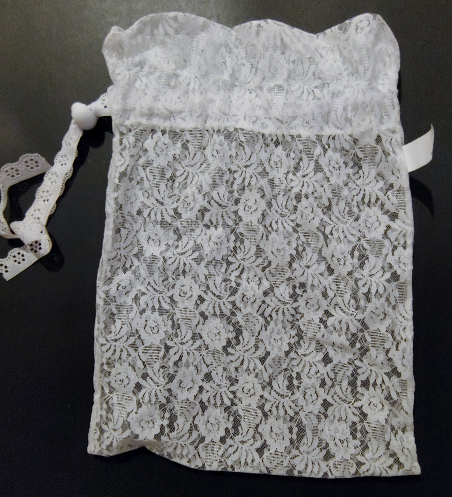 White Lace Bag Pouch w/ Drawstring  9 1/2″ x 12 1/2” overall – made in Thailand