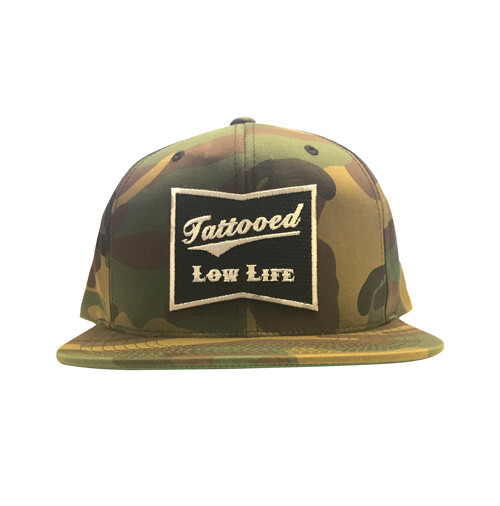 TATTOOED LOW LIFE FLAT BILL SNAP BACK HAT-CAMO