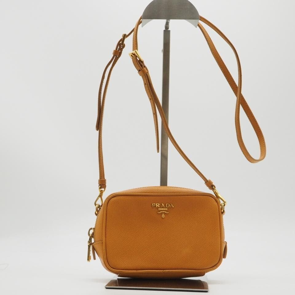 Prada Saffiano Leather Camel Camera Bag Crossbody Gold Hardware Auth