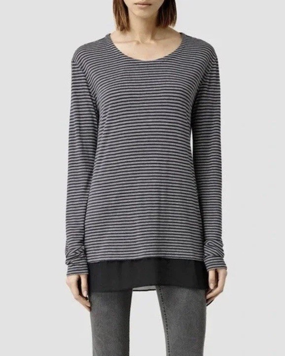 NWT AllSaints Miro Long Sleeve Ink/Chalk Stripe Tee MSRP $105 Viscose Wool Sz 0