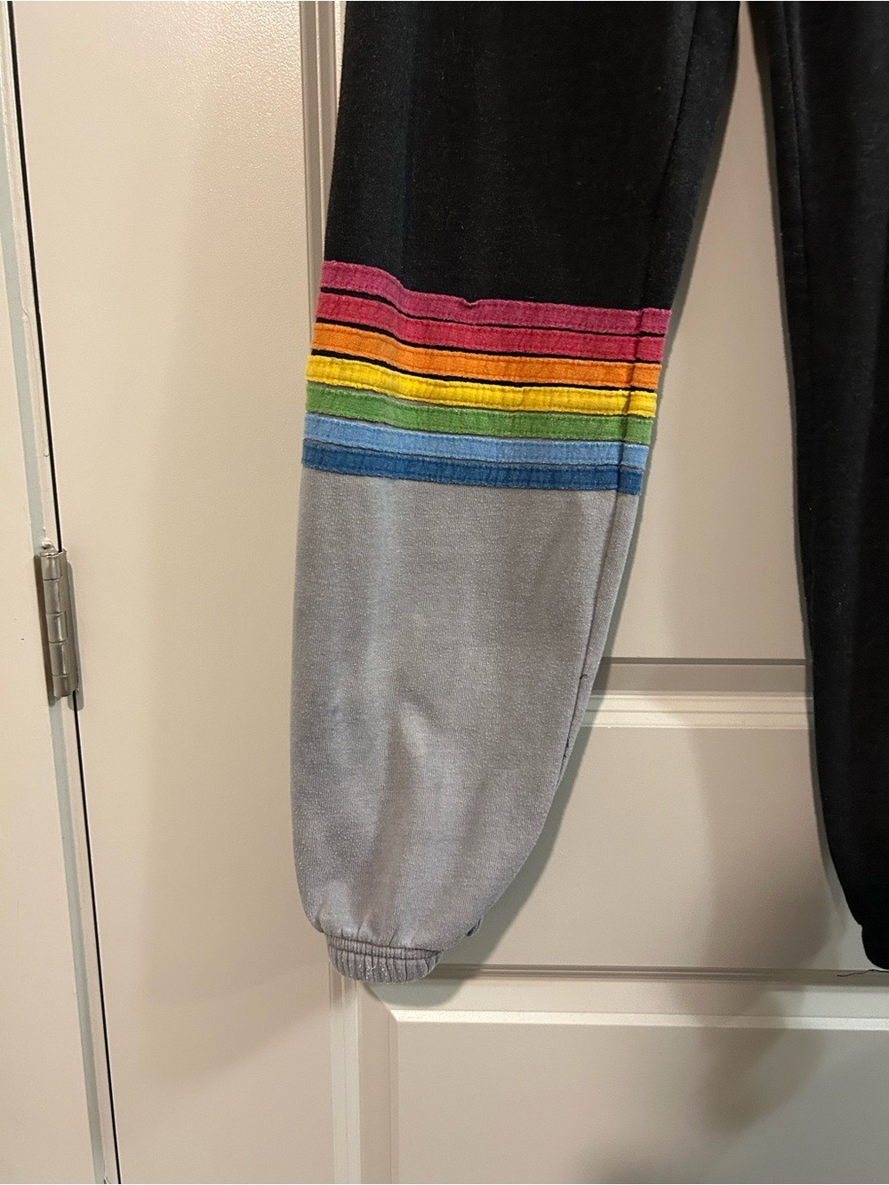 Aviator Nation Rare Style Black Sweatpants with Rainbow 7 stripe on one leg