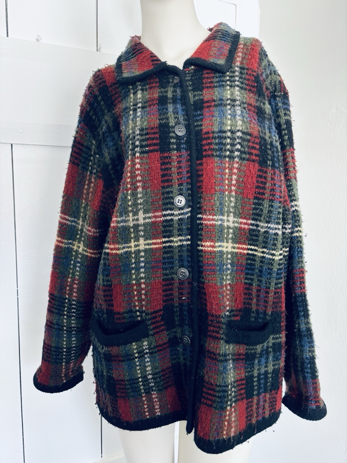 VTG Eddie Bauer Lambswool Plaid Sweater Coatigan Small Country Holiday Academia