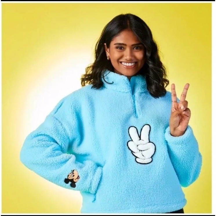 Disney Parks Mickey Mouse Peace Sign Blue Fleece Women’s 3X Sherpa 1/4 Zip NEW