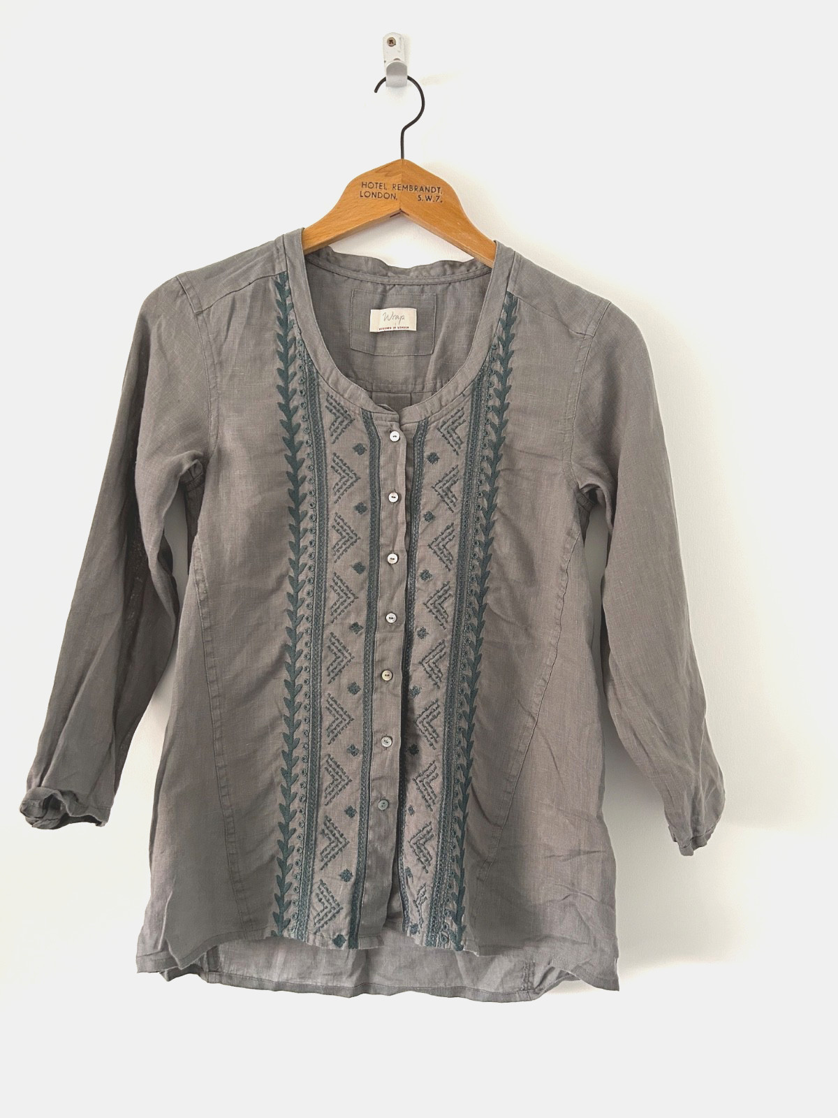 Wrap London Linen Shirt Blouse Size 6 Grey Green Embroidery Priarie Cottagecore