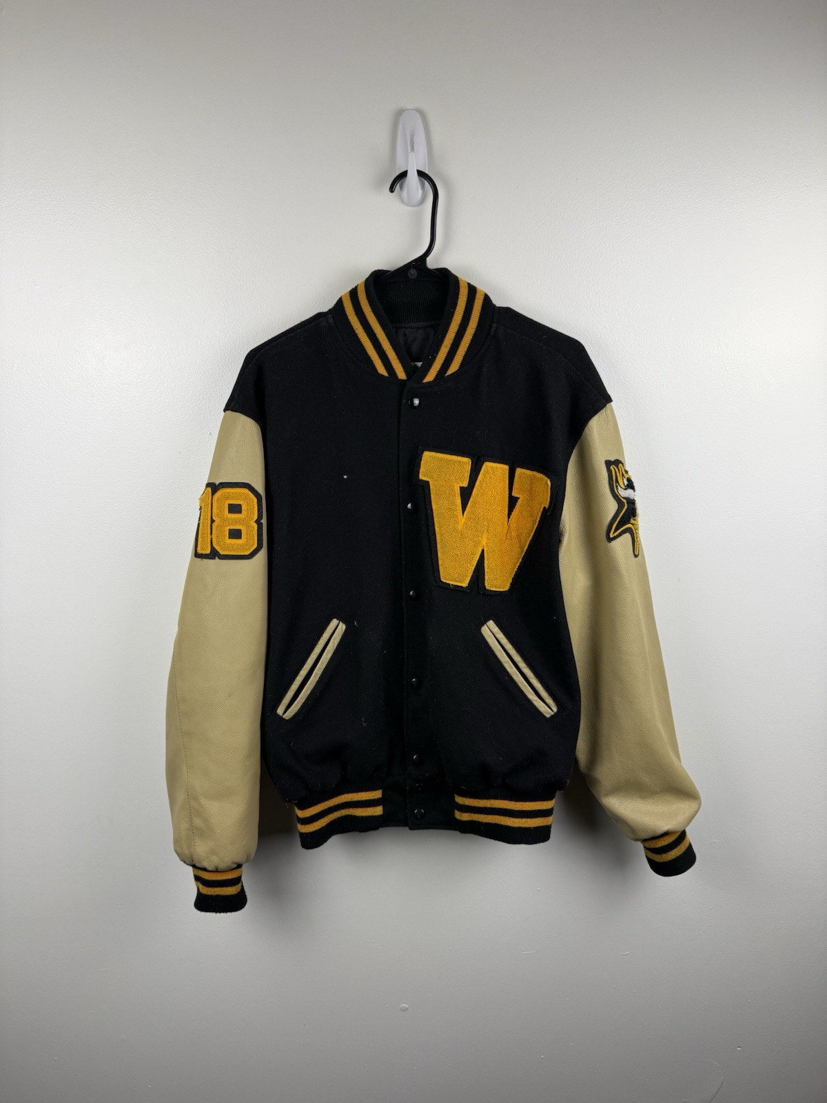 Varsity Letterman W Viking Black Yellow Beige Wool Leather Jacket Size Medium