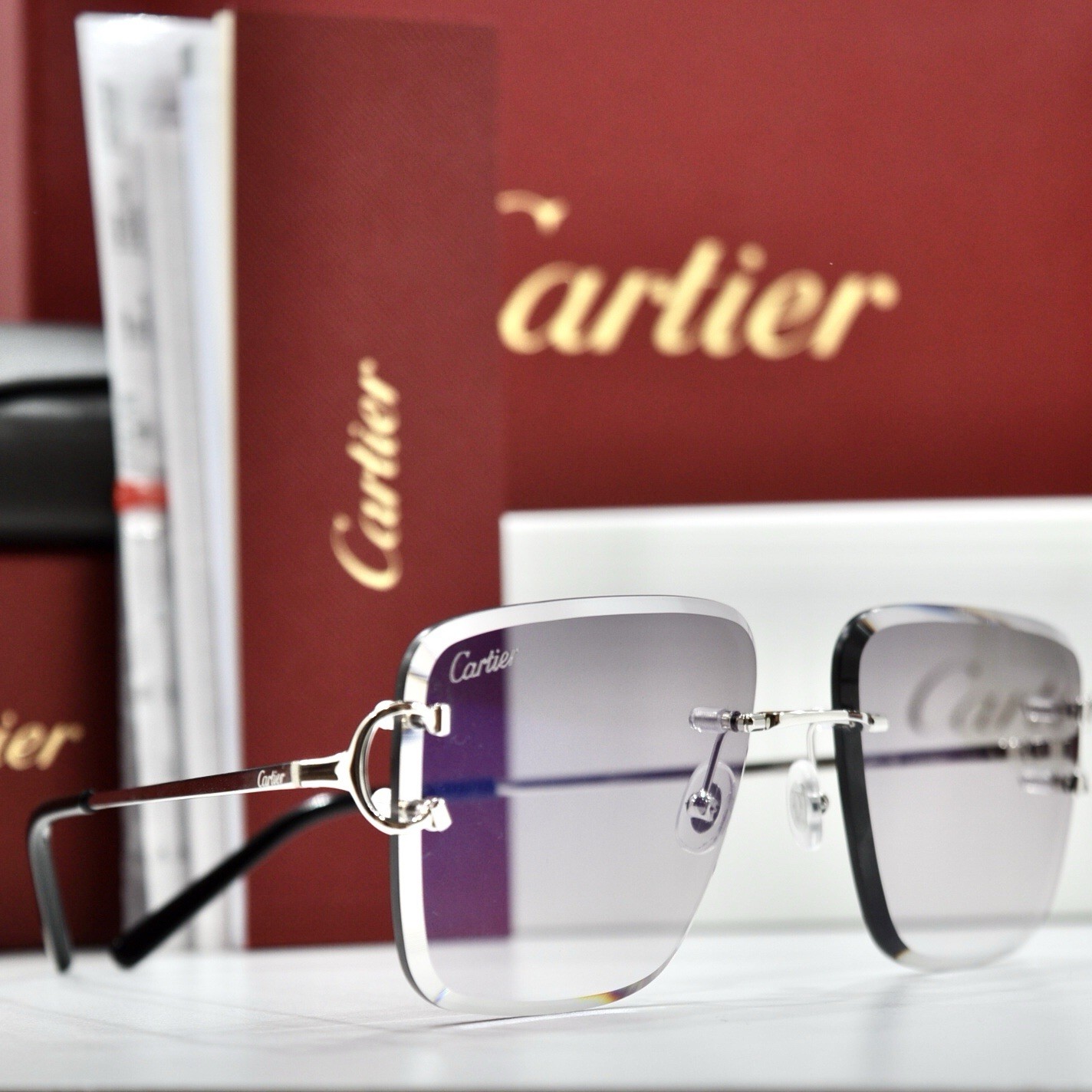 Cartier rimless sunglasses piccadilly glasses Diamond Cut BIG C silver Frame