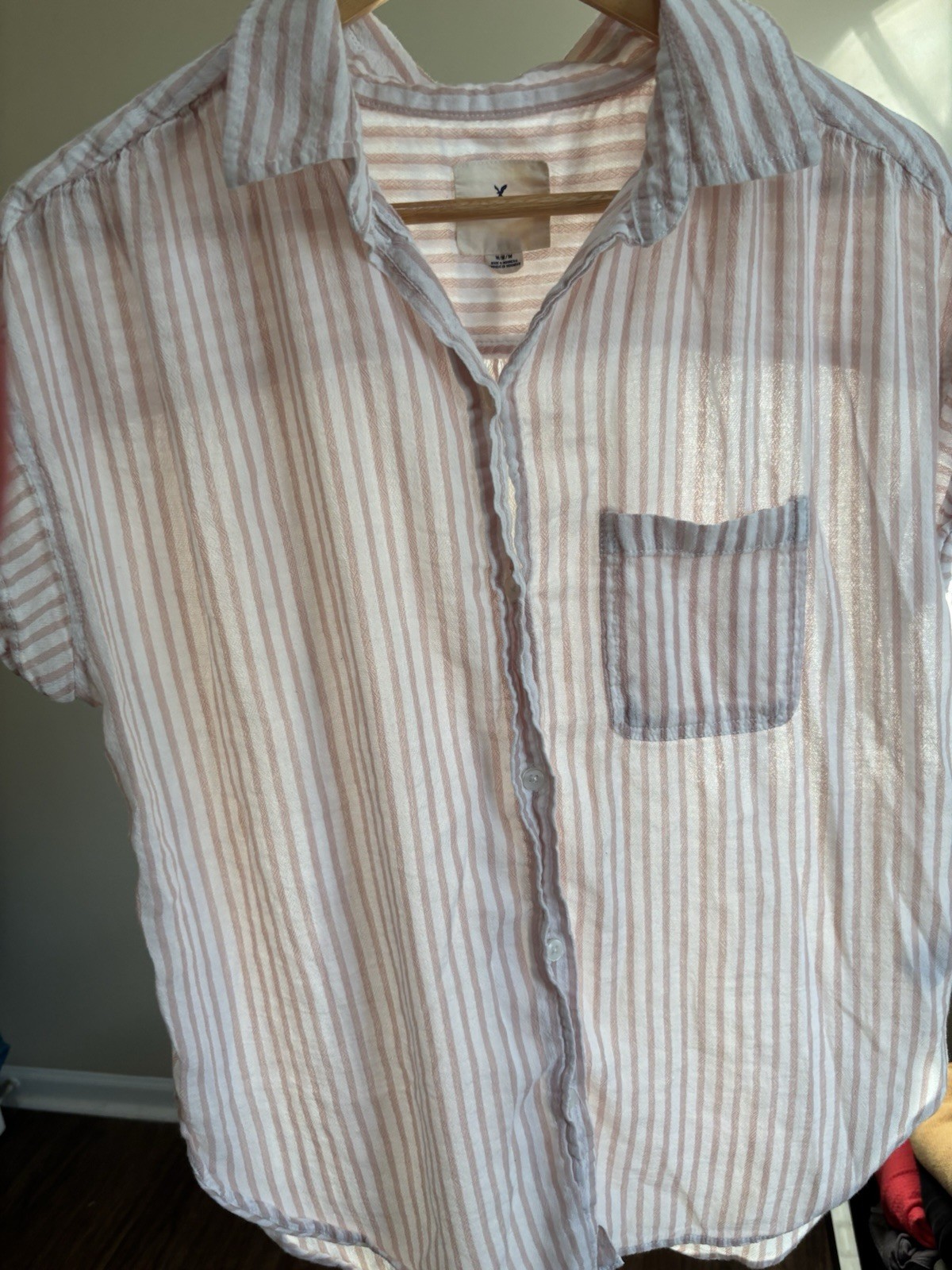 American Eagle Outfitters Pink/White Striped Button-Up Collared Cap Sleeve M