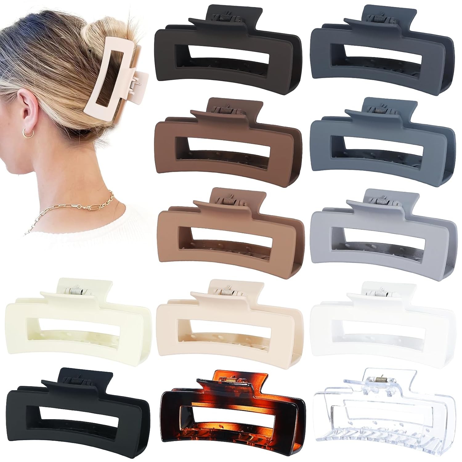 Large Square Jumbo Hair Clips – 4.1 Inch Big Jaw Clips for Thick Hair, 12 Pcs…