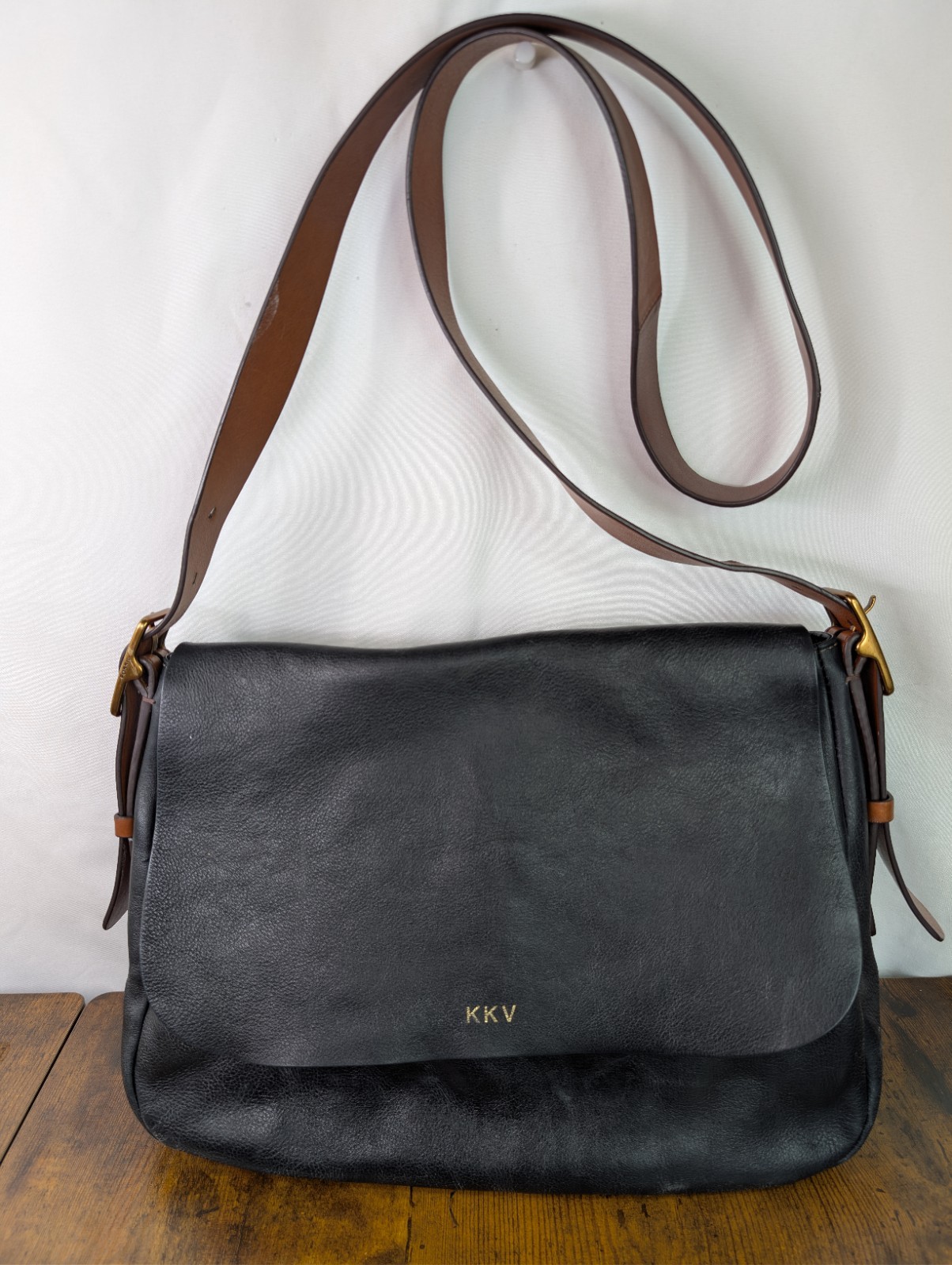 Fossil Harper Large Leather Flap Crossbody Bag – Black Initials KKV On Front