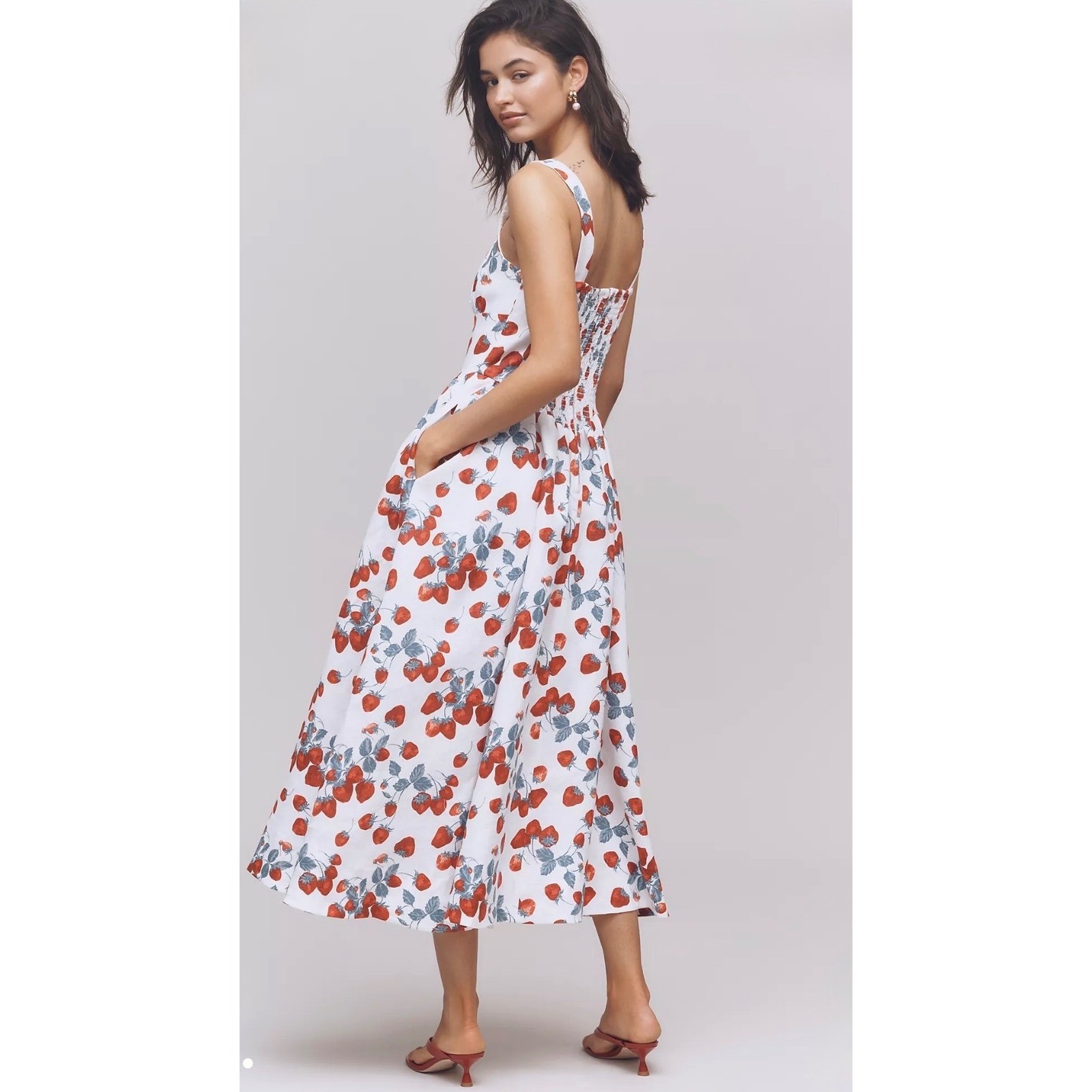 Reformation Balia Linen Strawberry Print Basque Waist Midi Dress White Red Sz 2