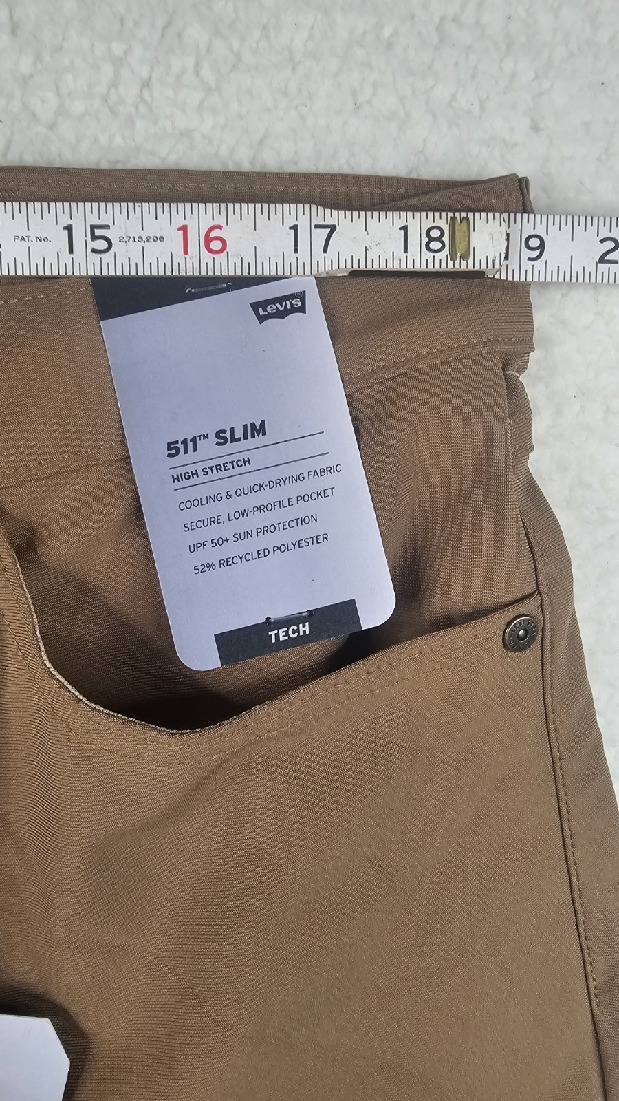 Levis 511 Slim Tech Pants High Stretch Quick Dry UV Protection Brown Tan 38×32