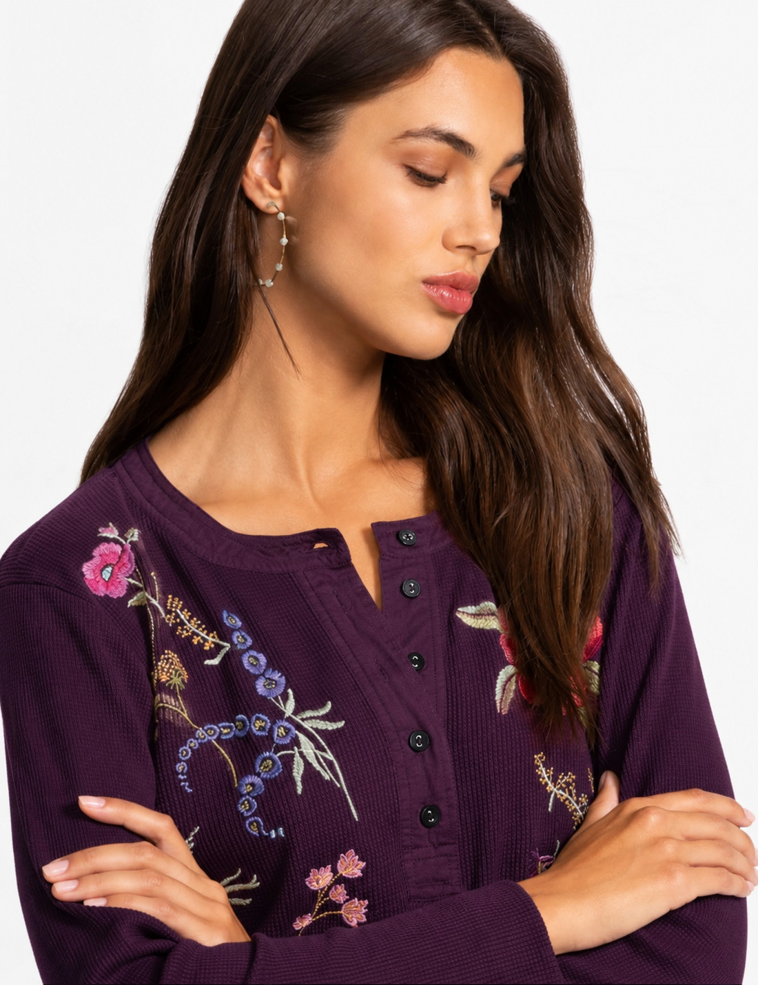 NEW JOHNNY WAS Henley Embroidered Top, Purple, Size XL