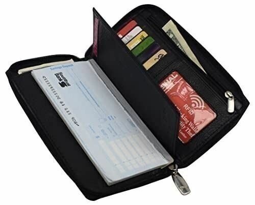 RFID Blocking Genuine Leather Long Bifold Zipper Checkbook Cover Wallet