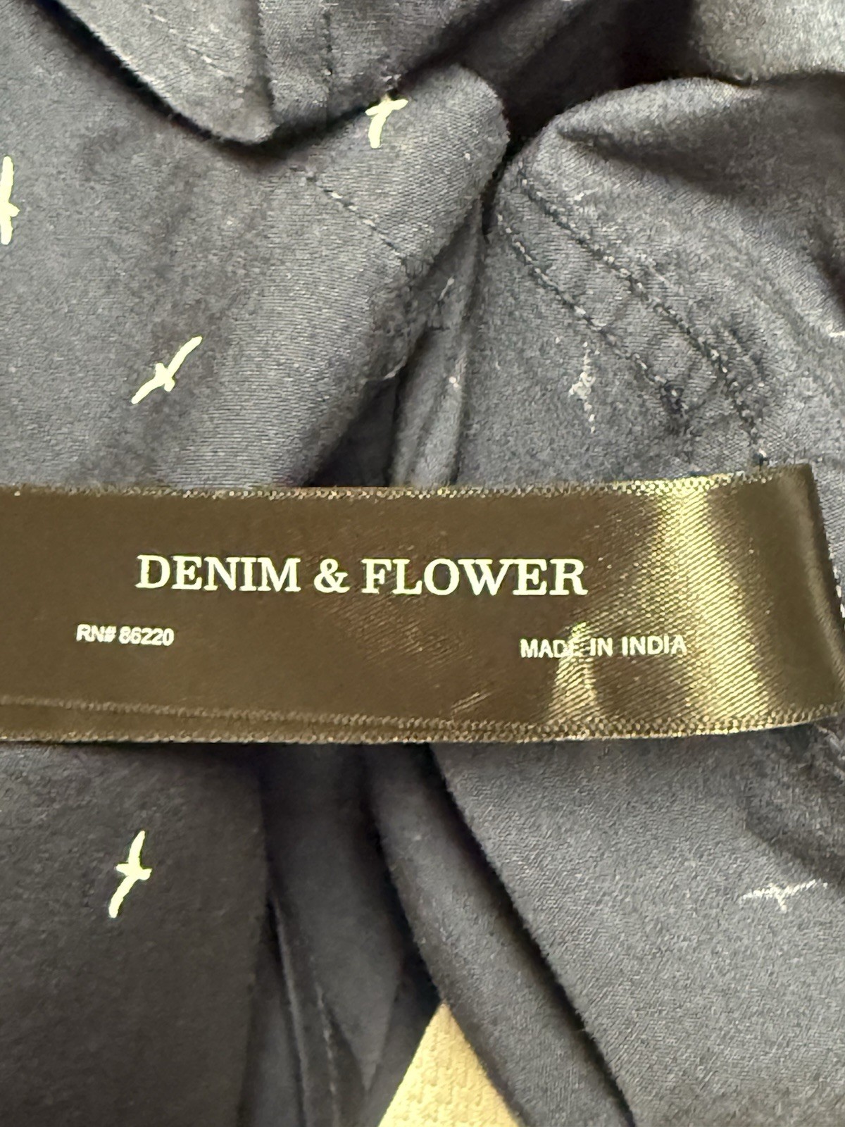 Denim & Flower Bird Print Cotton Blend Button-Up Shirt Blue Short Sleeve 38