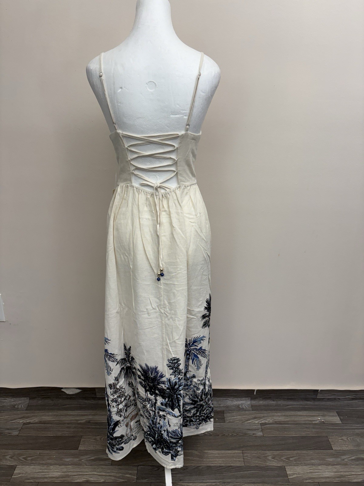 Calypso St Barth Ivory Linen Blend Boho Maxi Dress L Animal Print Resort Coastal