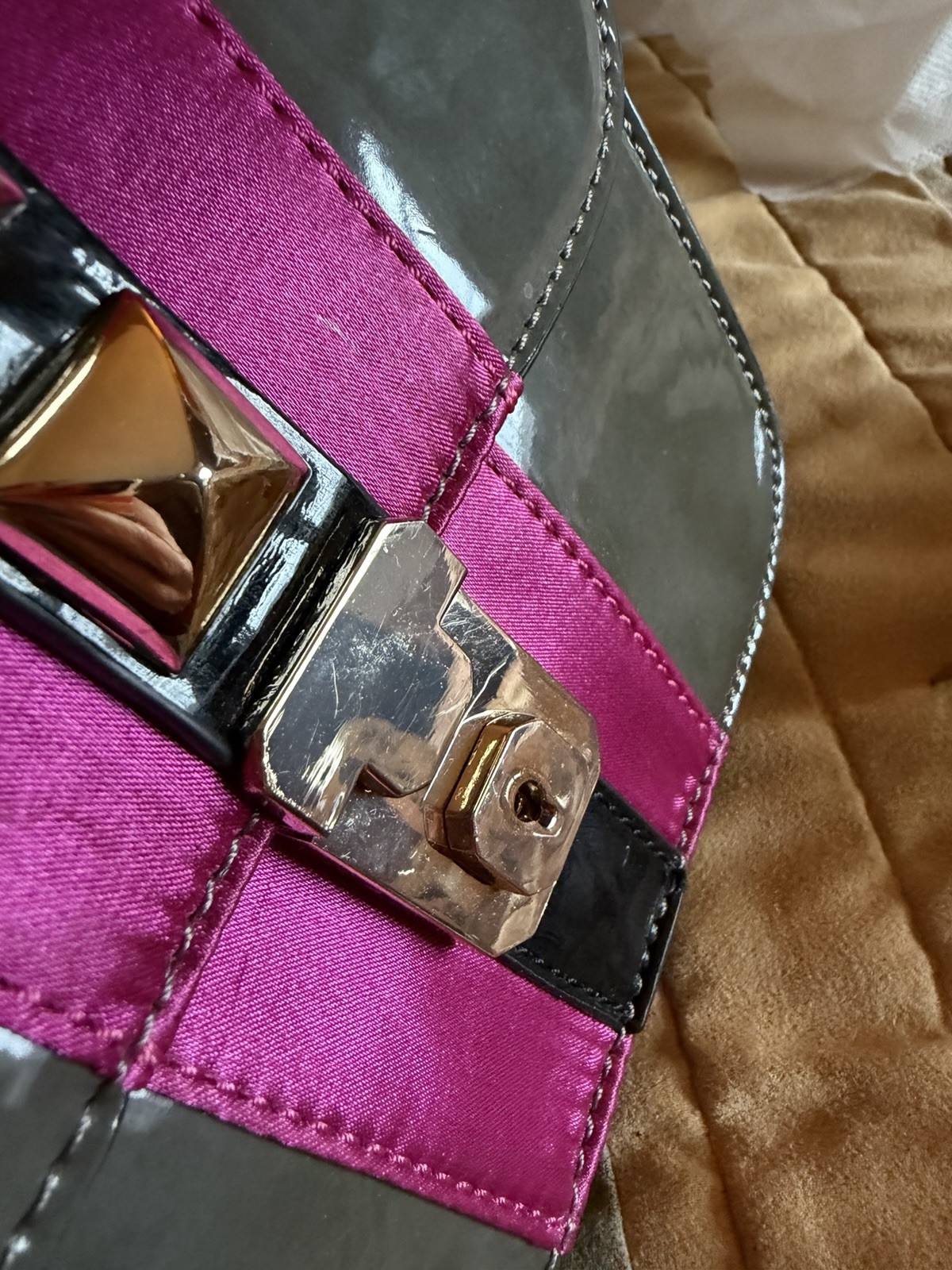Melie Bianco Gray/Pink Small Patent Studded Crossbody, Chain Strap, Push Lock