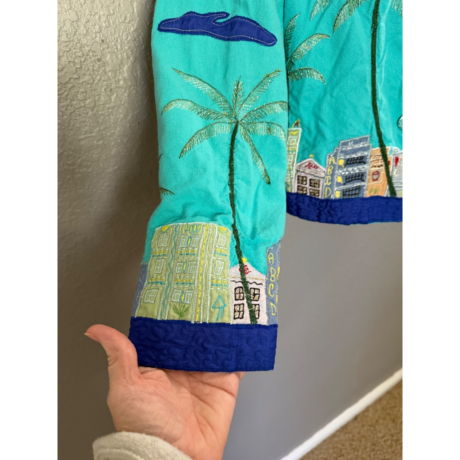 VTG Anage Jacket S Teal Palm Tree Cityscape Applique Travel Novelty Art To Wear