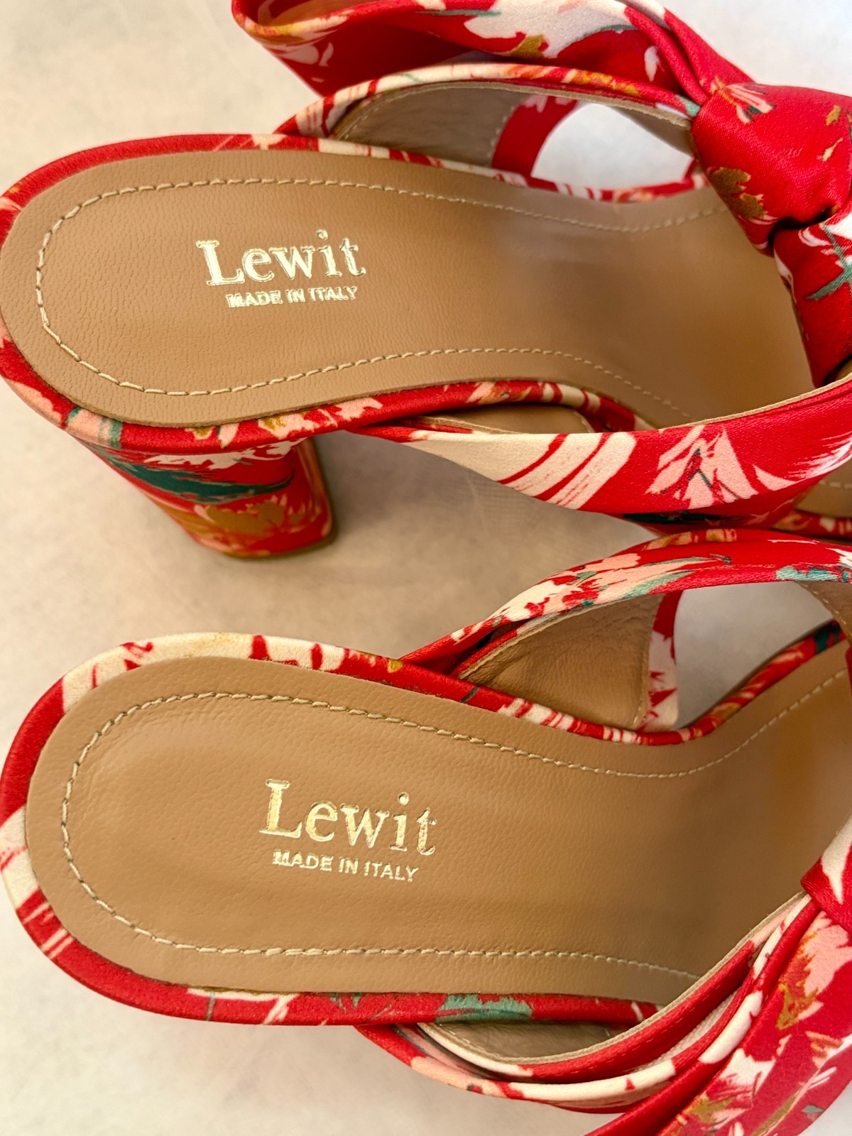 Lewit Rosa Floral Print Bow Mule Pumps Block Heel Red Satin -Size 6 (35 1/2)