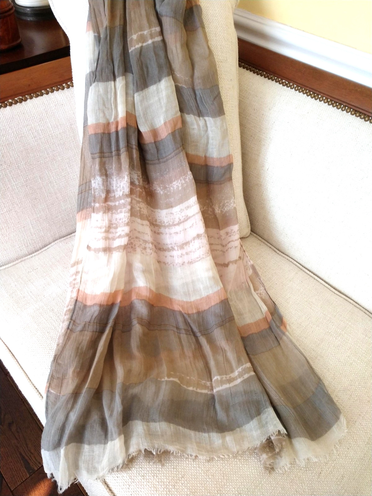 Summer Shawl Wrap Scarf Gray White Clay Stripe Sheer 30 x 78 inches