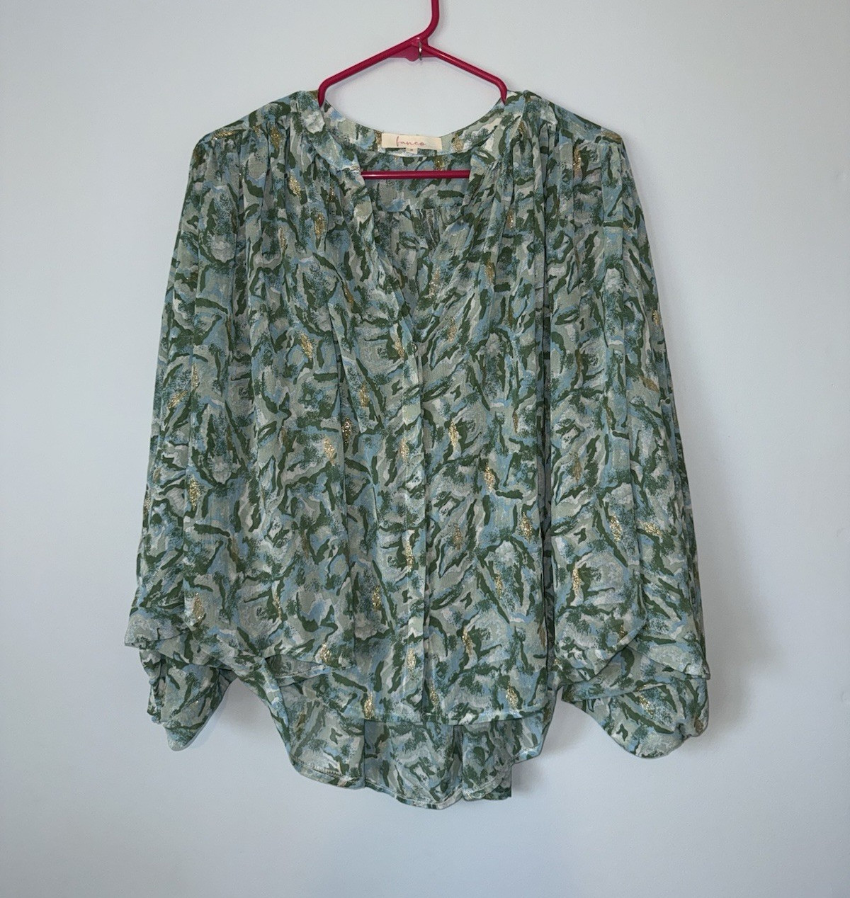 Frnco Green White Abstract Sheer Chiffon V-Neck Puff Sleeve Blouse Women’s S
