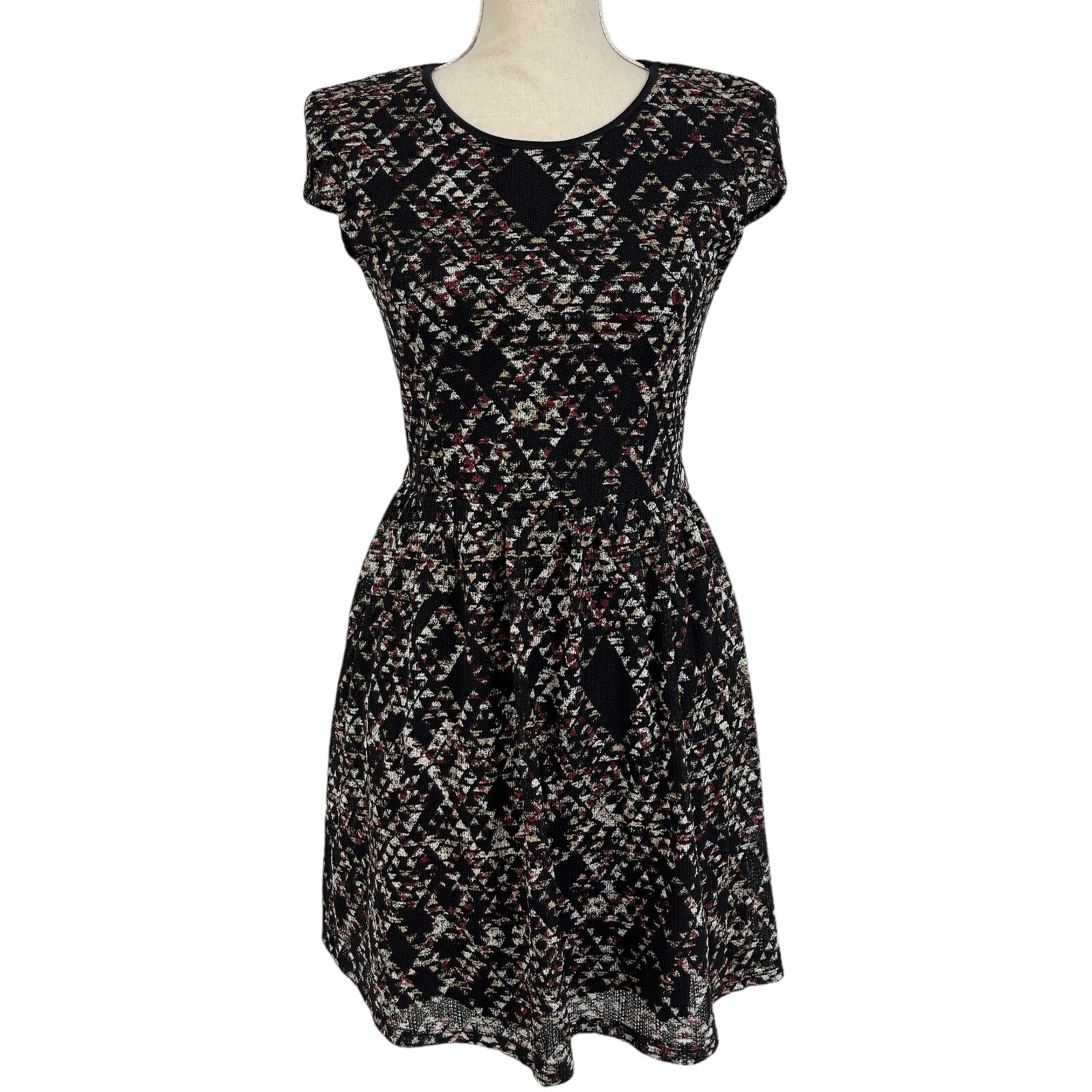 City Triangles Fit Flare Cap Sleeve Knit Overlay Geometric Print Dress Juniors M