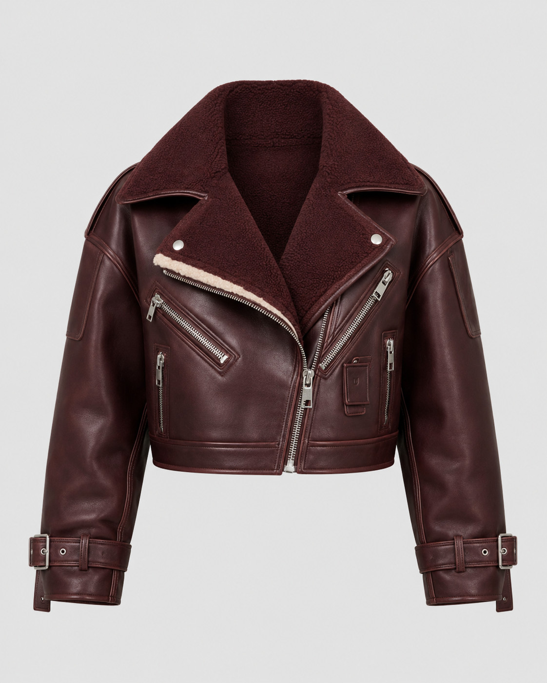 Womens Burgundy Genuine Leather Cropped Biker Jacket Shearling Collar