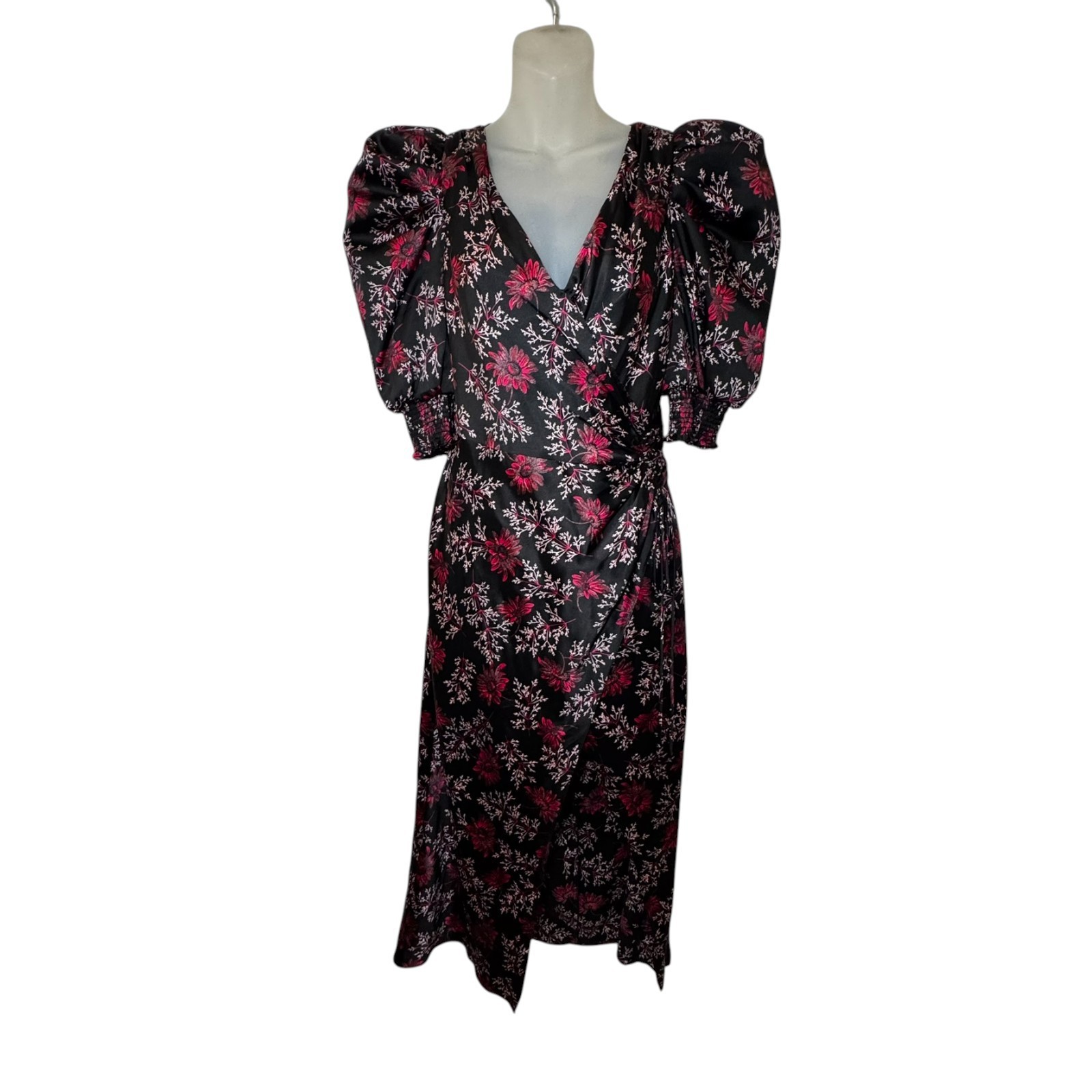 Cinq A Sept Tumbled Daisy Kacy Wrap Dress Raspberry Size 4 Puff Sleeve $425