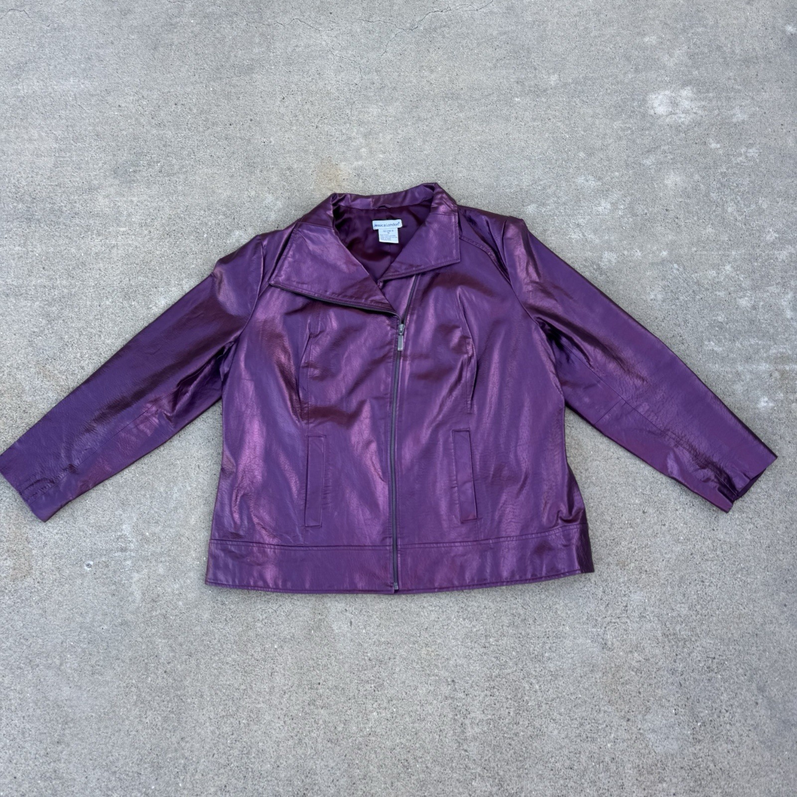 Jessica London metallic Purple Leather Zip Front Jacket Pockets Lined size XL