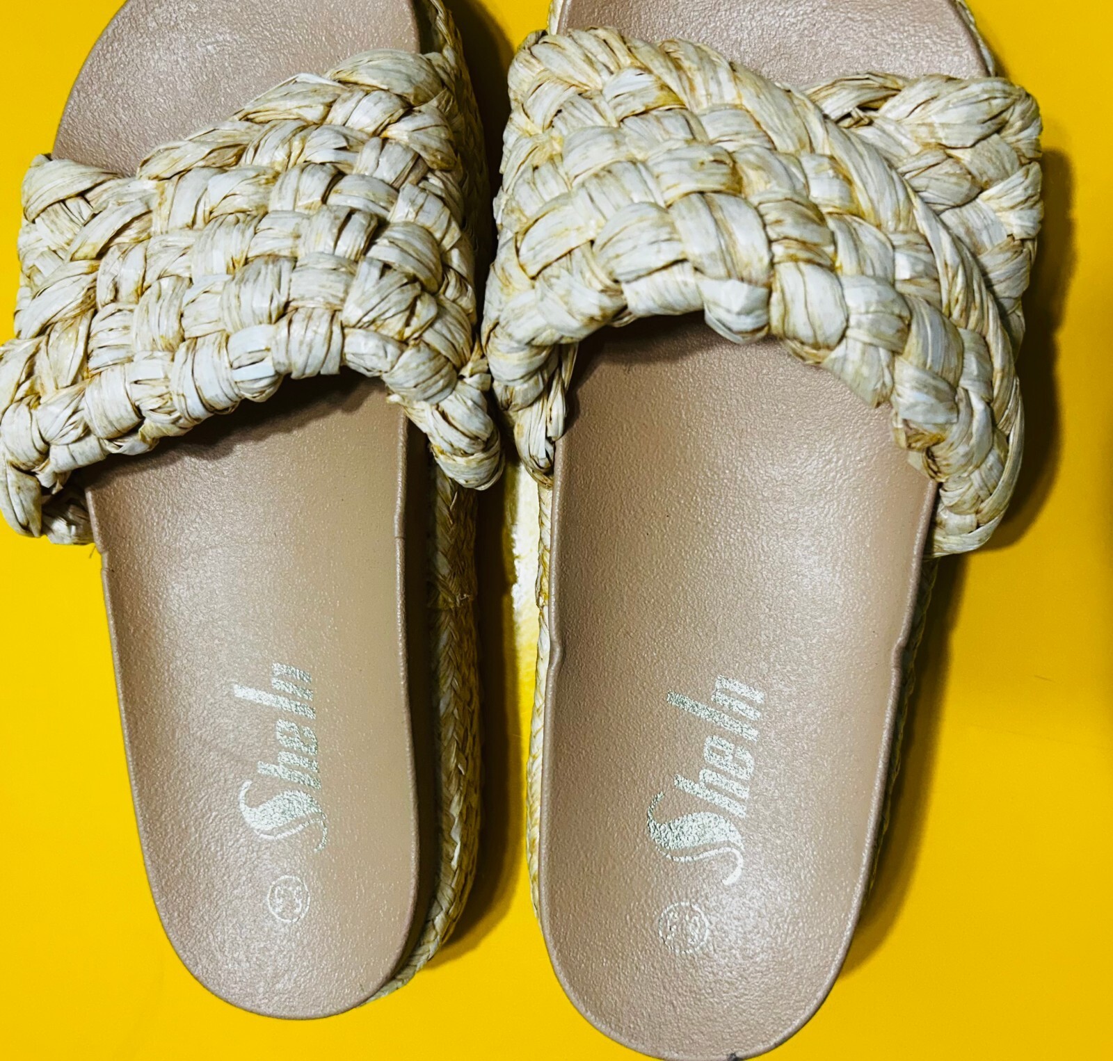 SheIn Woven Raffia Platform Slide Sandals Boho Braided Straw Beach Shoes 5.5