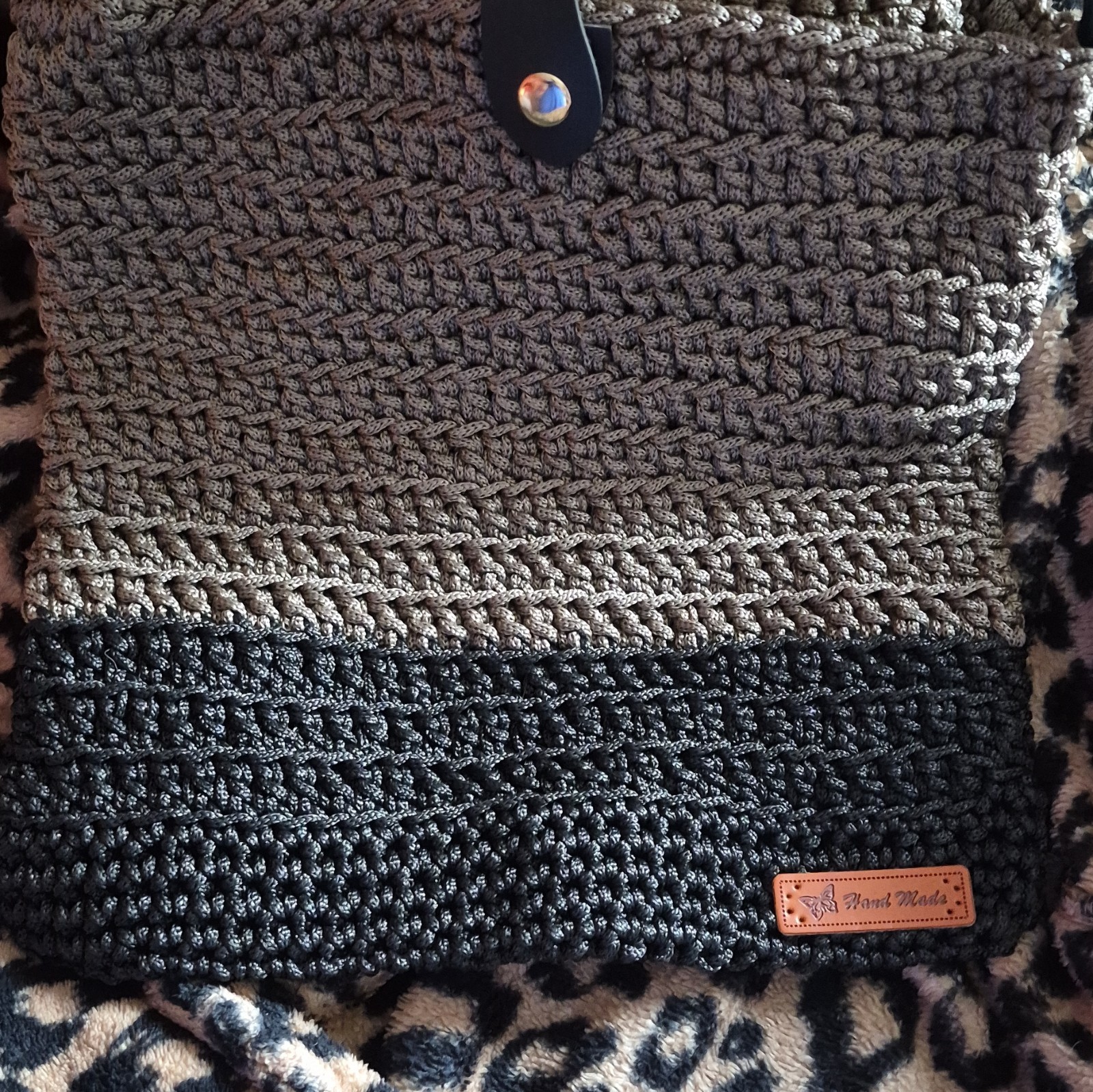 Handmade Colorblock Crochet Shoulder Bag, Brown/Black, Button Closure, Lined