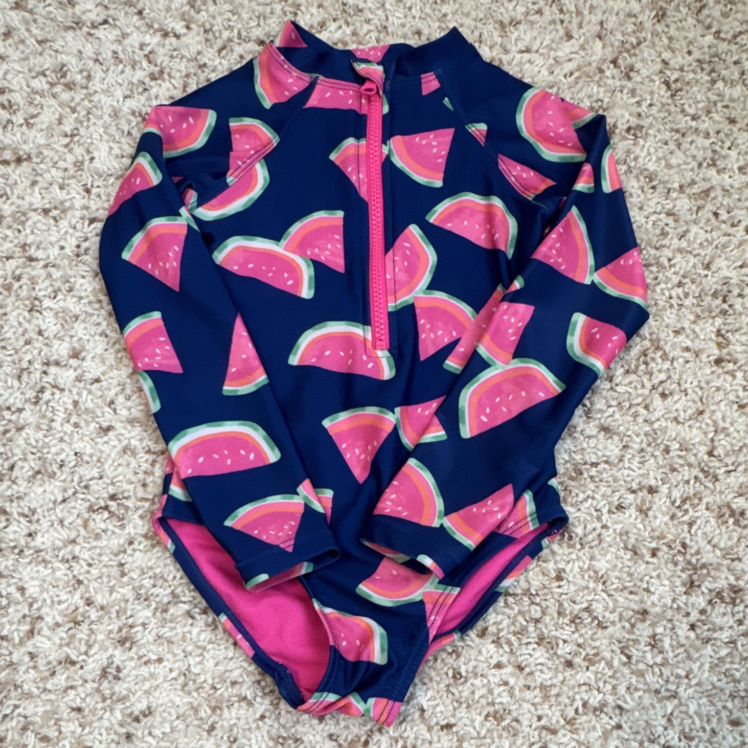 Wonder Nation Girls XS (4-5) Long Sleeve Sunmer One-Piece Swimsuit Watermelon