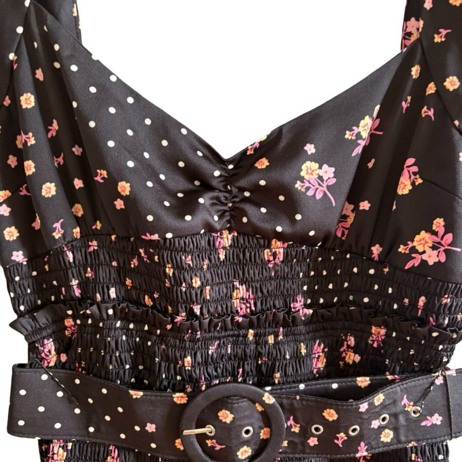 For Love and Lemons Camellia Smocked Belted Mini Dress Black Floral NWOT Sz L