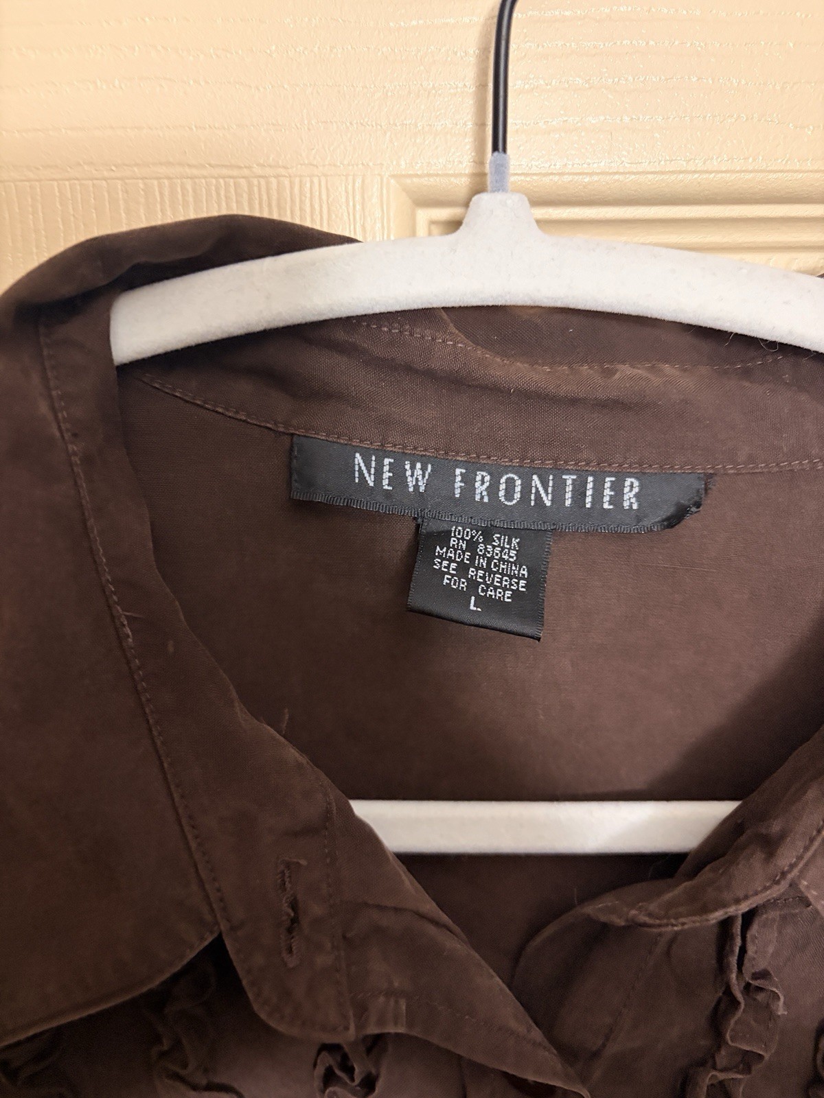 New Frontier Dark Brown Ruffled Button Up Shirt 100% Silk