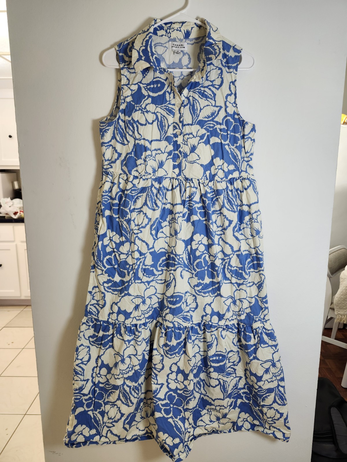 Tahari Arthur S. Levine Blue and White Floral Sleeveless Tiered Maxi Dress