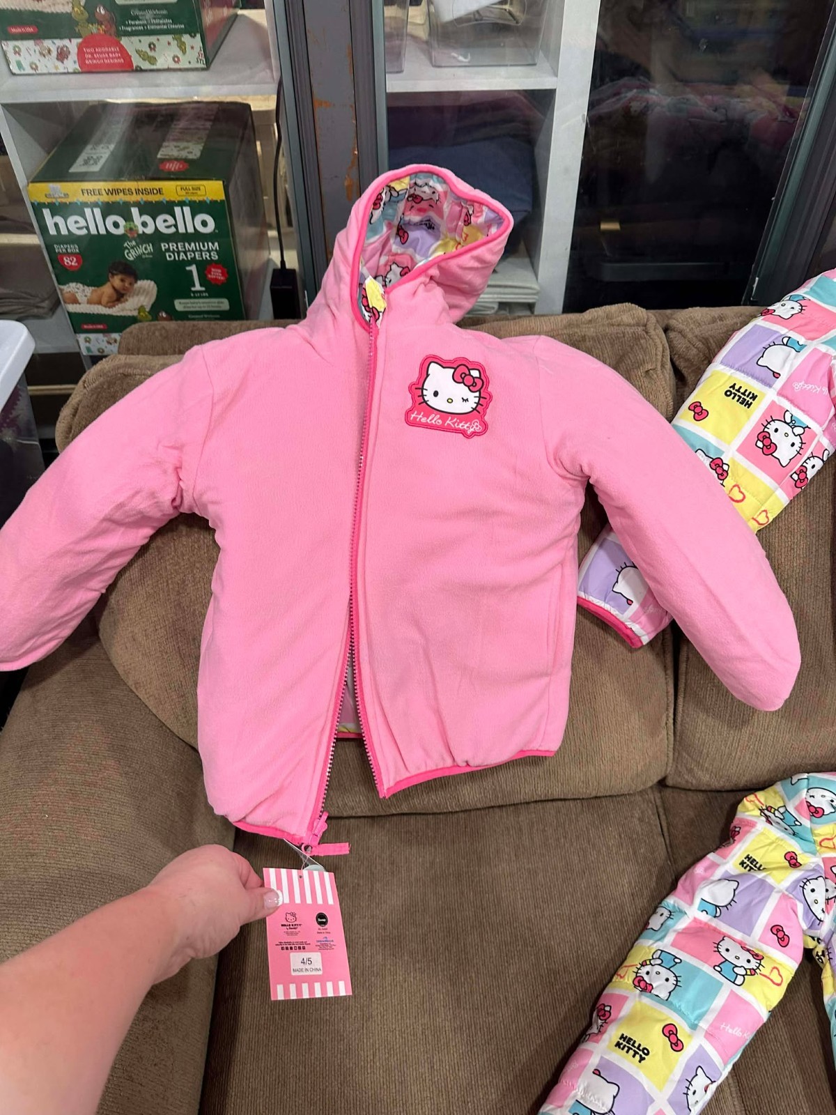 New Hello Kitty Pink Girl’s Puffer Jacket Reversible Fleece Lined XS, S, M, L