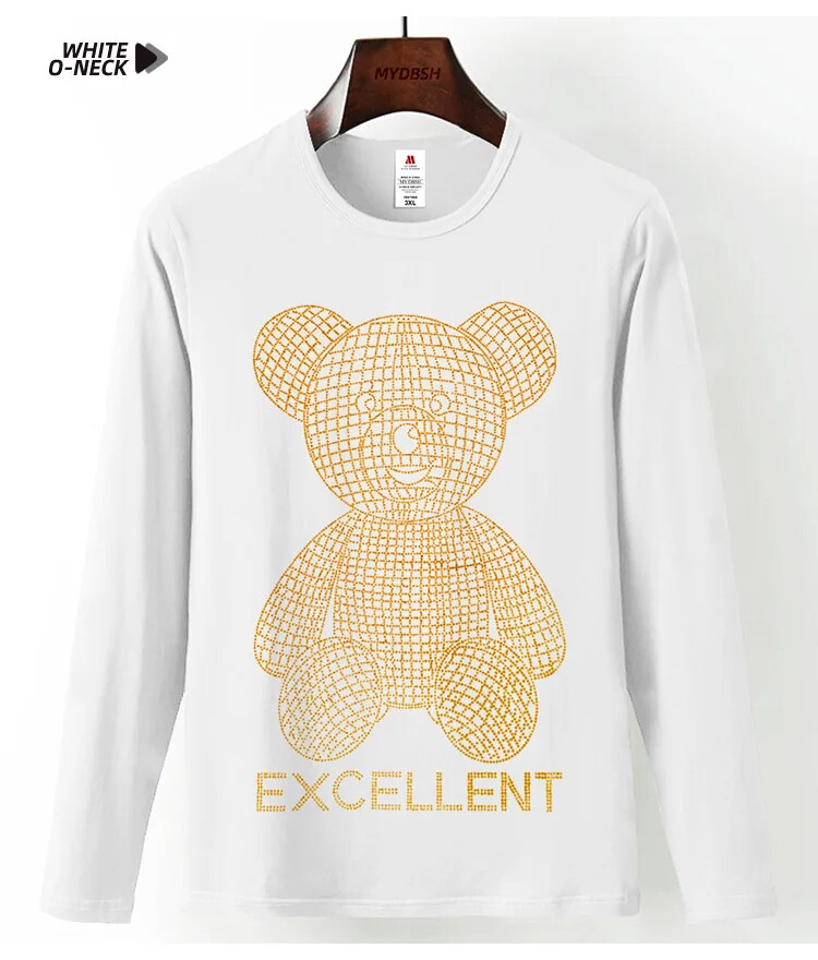 Fashion Trend Bear Rhinestones Streetwear Long Sleeve Luxury Men V-Neck T-Shirt
