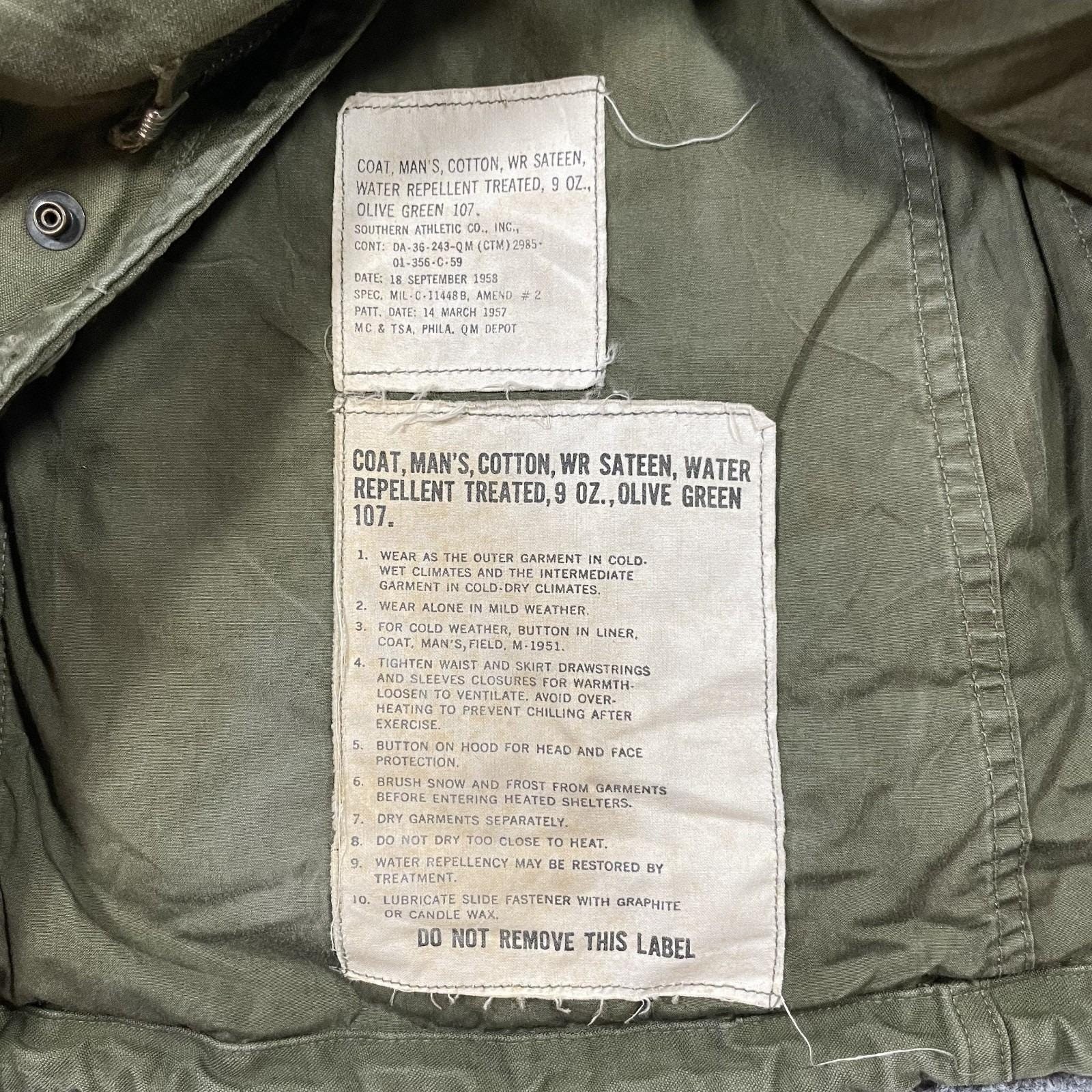 Vintage US Army M51 Field Jacket Small Olive Green 1958 M-1951 Korean War Owens