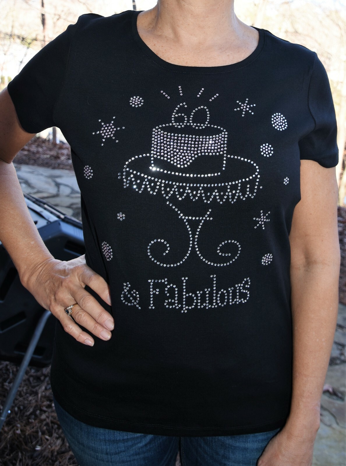 60th birthday rhinestone bling shirt size M 60 and Fabulous Birthday Cake