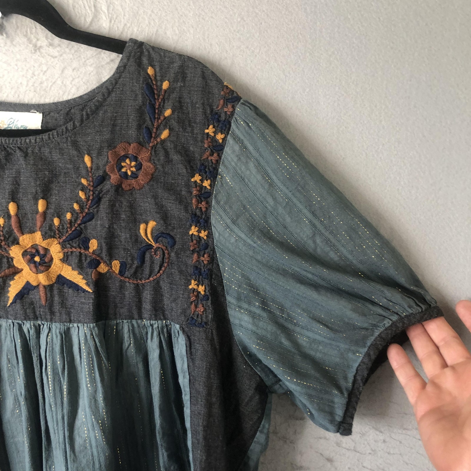 Celestial Top Womens XL Blue Embroidered Puff Sleeve Boho Peasant Festival