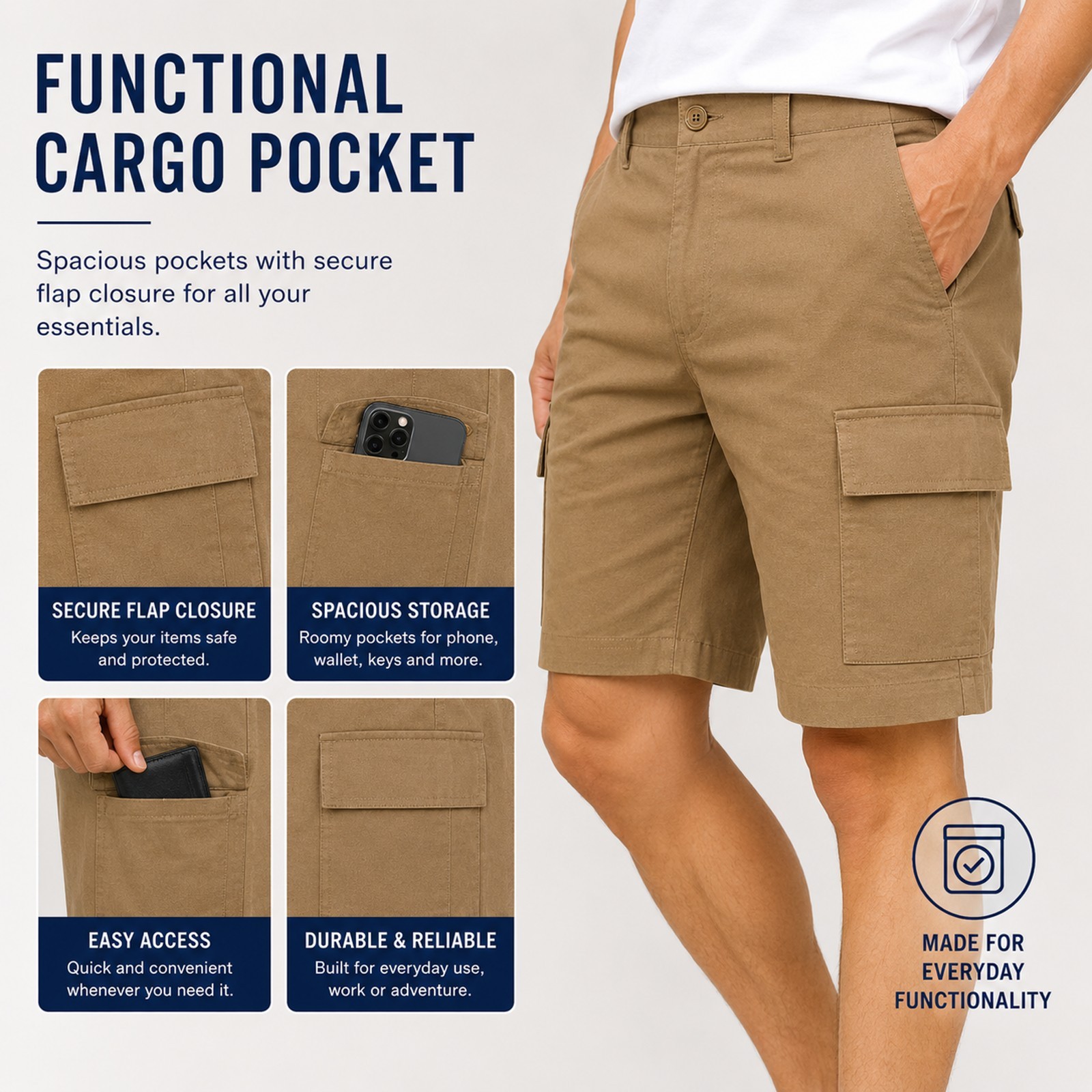 Men’s Stretch Cargo Utility Shorts with Button Closure and Zip Pockets (30-42)