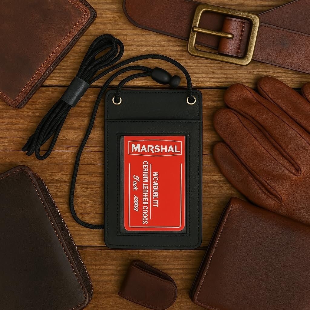 MARSHAL New Leather Neck Strap ID Badge Credit Card Holder Pouch Wallet Mini…