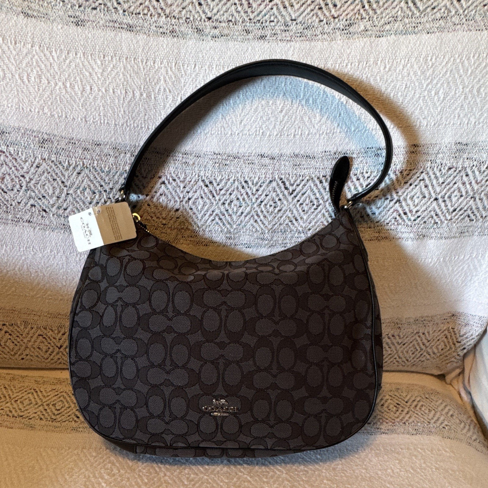 Coach Signature Crescent Shoulder Bag Black Gray Zip Closure Silver Hardware