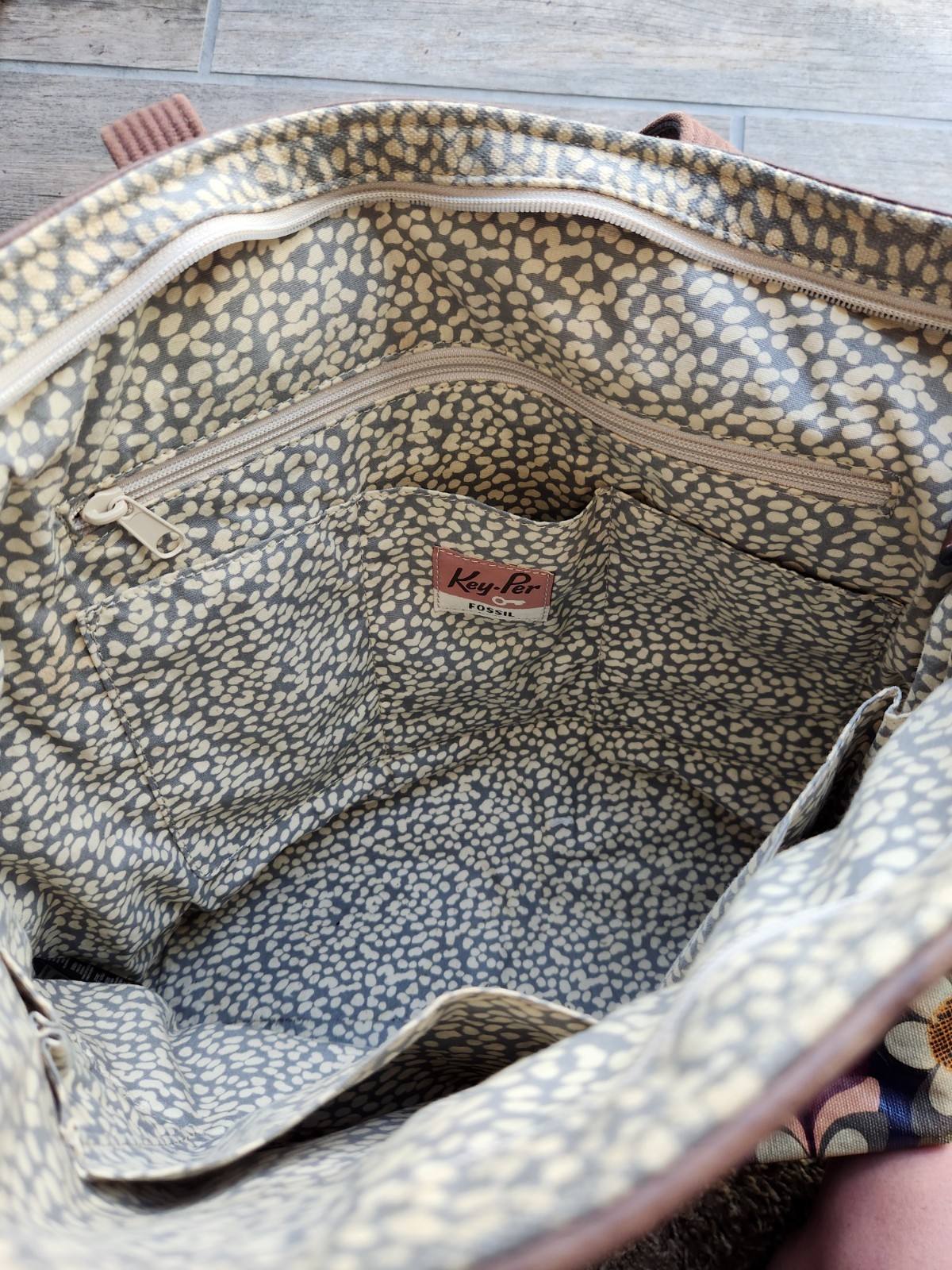 Vtg Fossil Tote Key Per Leather Coated Canvas Floral Hand Shoulder Bag Purse EUC