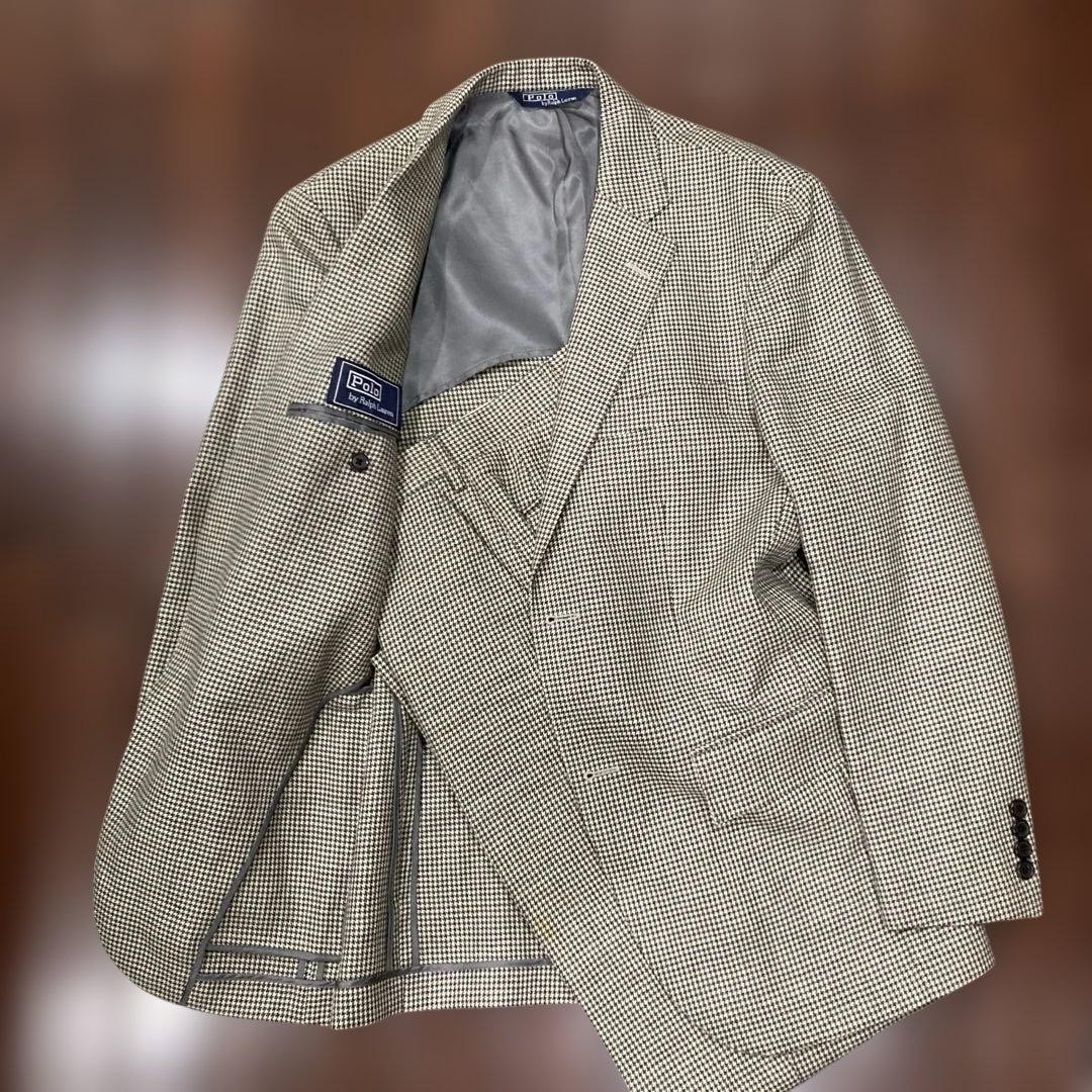 POLO RALPH LAUREN 90s Houndstooth Wool Linen Suit Gray Mens Size 38 Regular
