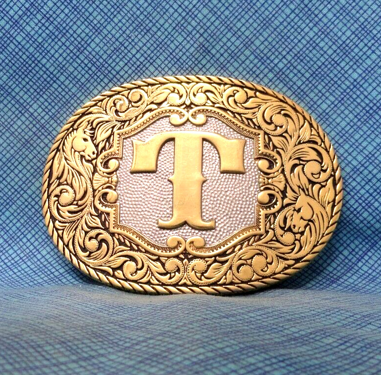T Belt Buckle Western Initial T Monogram 22KGP Vtg Award Design Medals .NOX743