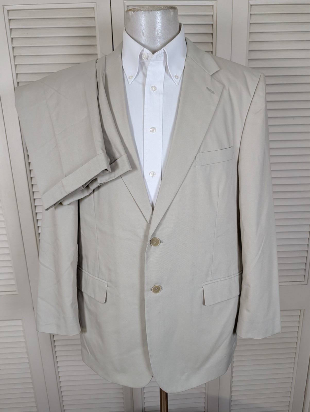 Haspel Perfect Poplin 2 Piece Suit Mens 44R Pants 32×33 Solid Beige Cream Cotton