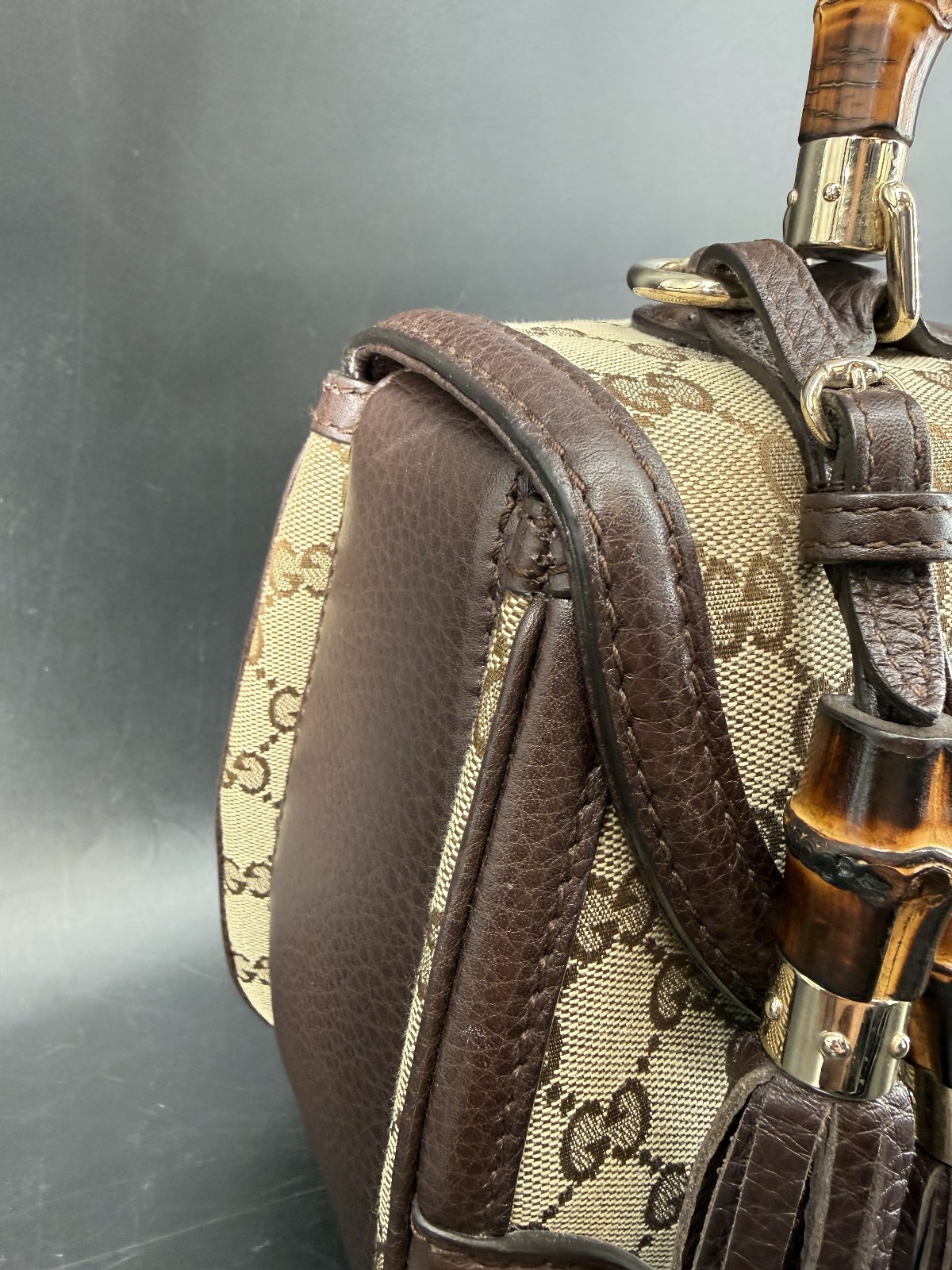Gucci Beige/Ebony GG Canvas and Leather Large New Bamboo Top Handle Bag